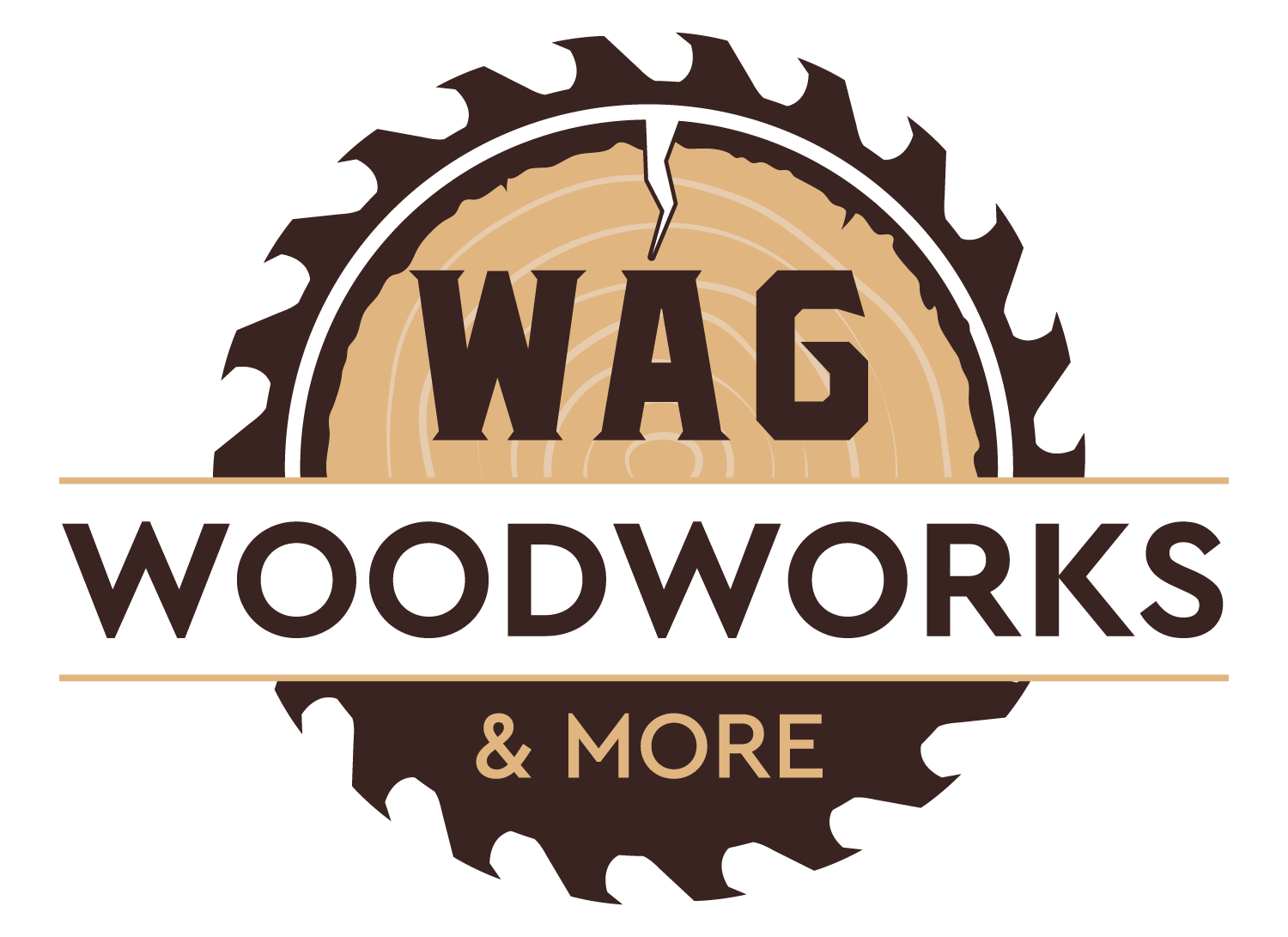 The logo for wag woodworks and more shows a circular saw blade.