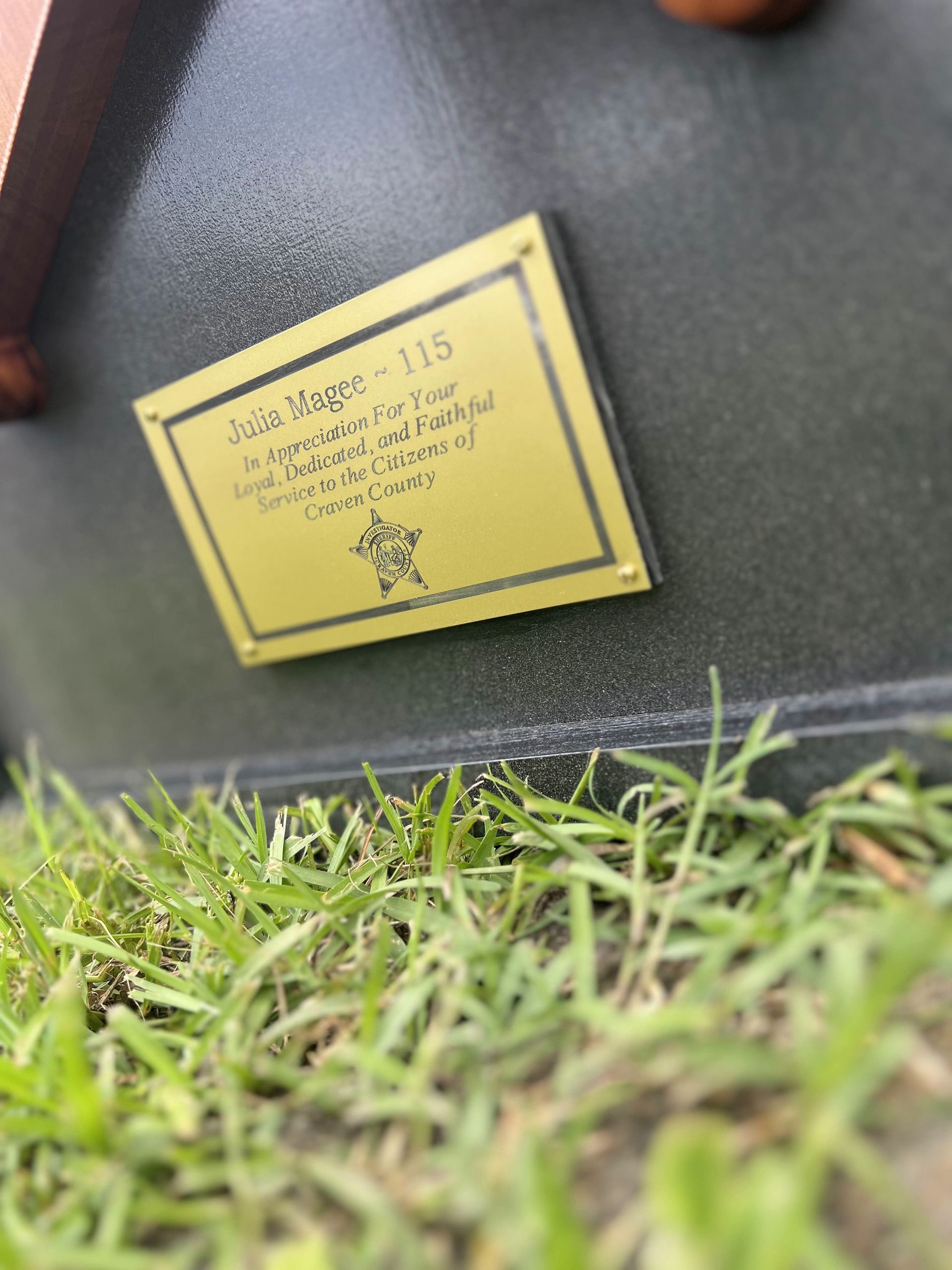 A close up of a plaque on a statue in the grass