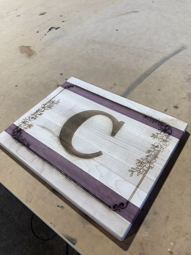 A wooden sign with the letter c on it