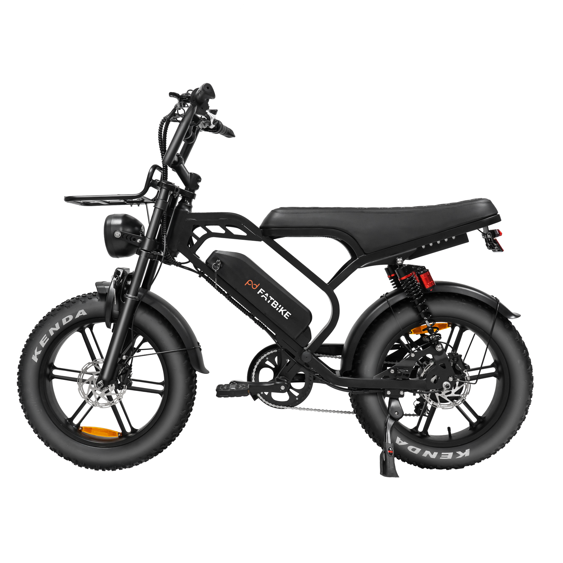 Black electric bicycle with a headlight, rack, and fat tires.