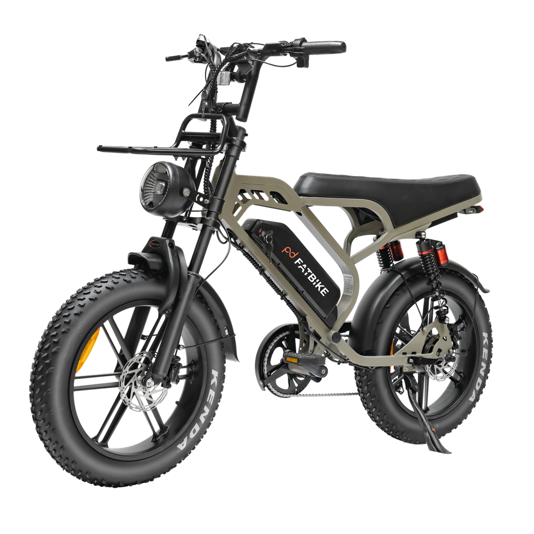 Olive-green electric bike with fat tires, black handlebars, and a headlight on a white background.