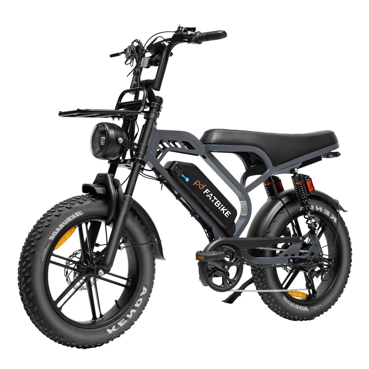 Dark gray Fatbike electric bicycle with fat tires, front basket, and motorcycle-style handlebars.