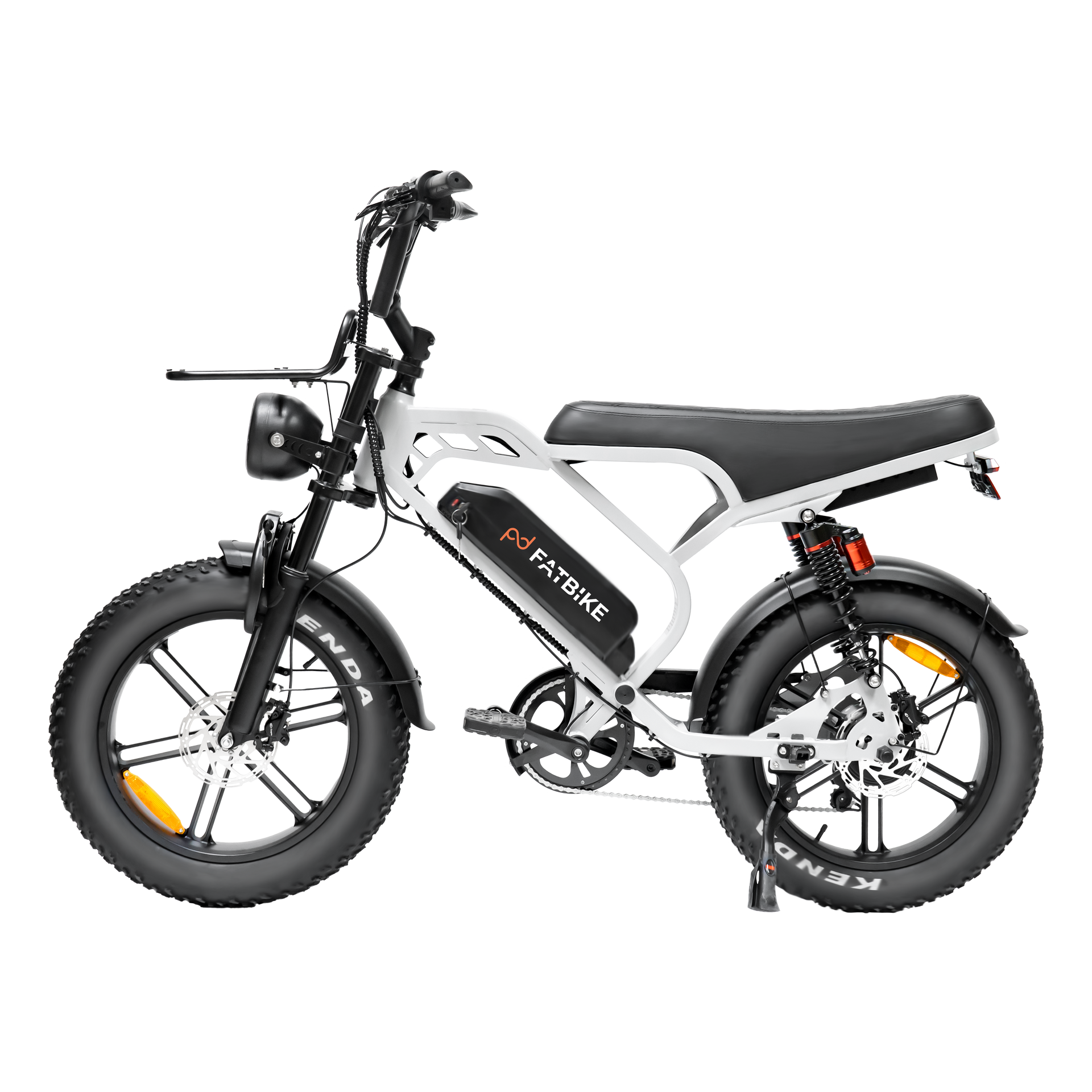 White and black Fatbike electric bicycle with black tires.