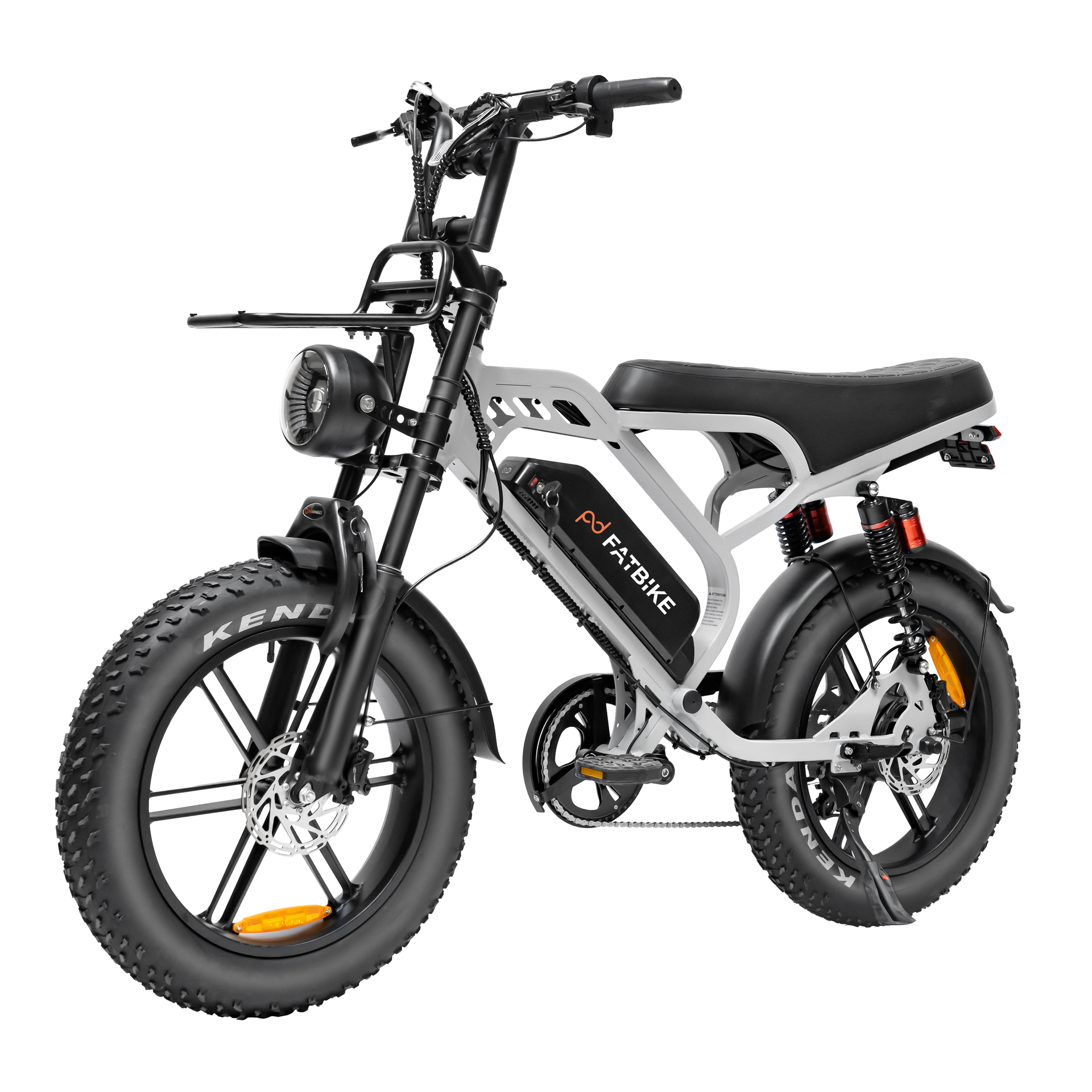 Gray and black electric fat tire bike with black seat and a headlight.