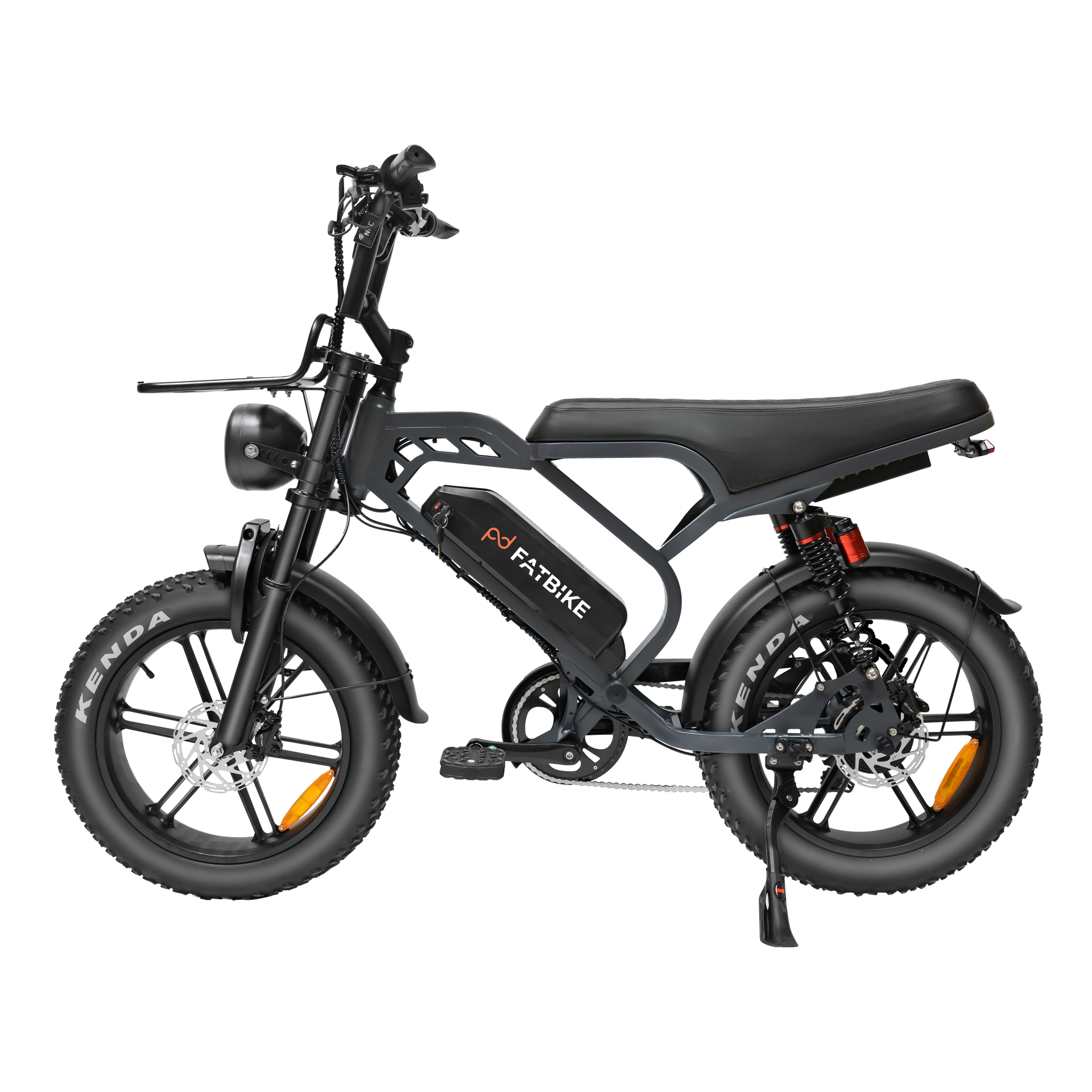 Black electric bike with a motorcycle-style frame, fat tires, and a headlight.