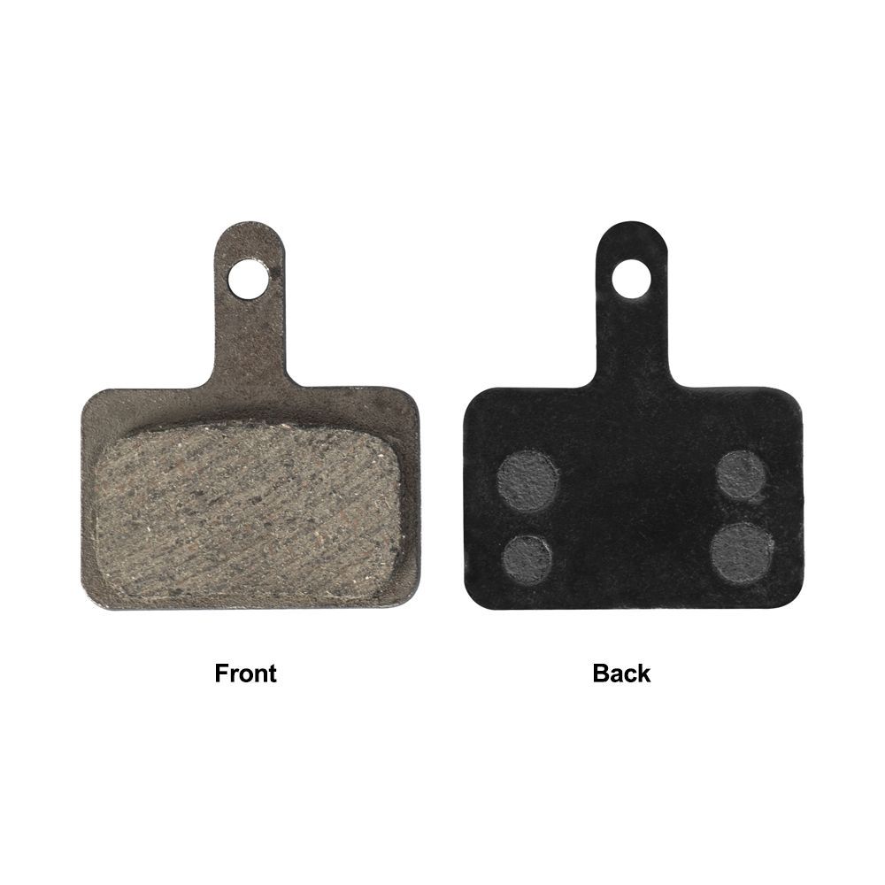 Mountain bike disc brake pads, front with textured pad, back with dark metal and two circular holes.