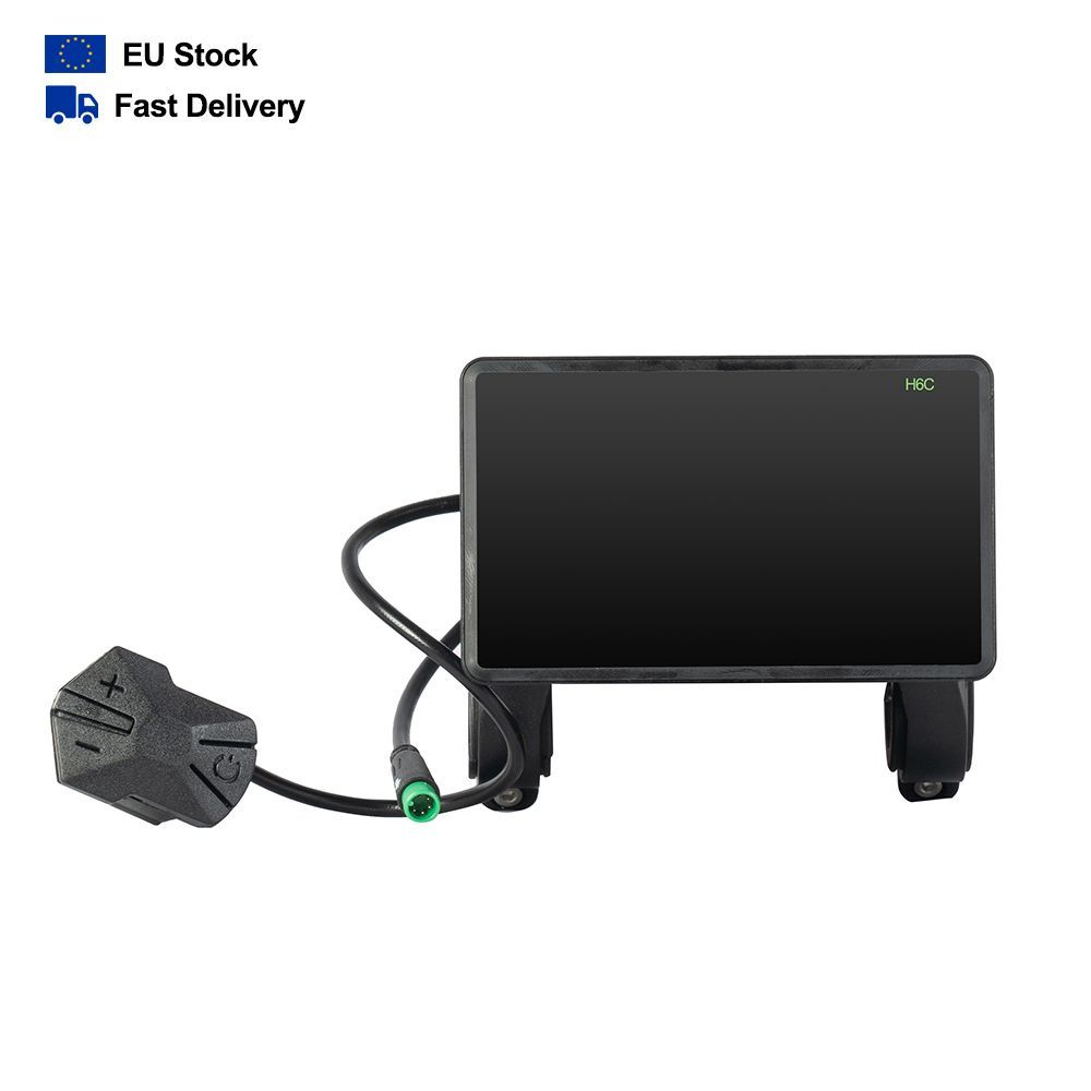 Black e-bike display with handlebar controls and a green connector, advertising 