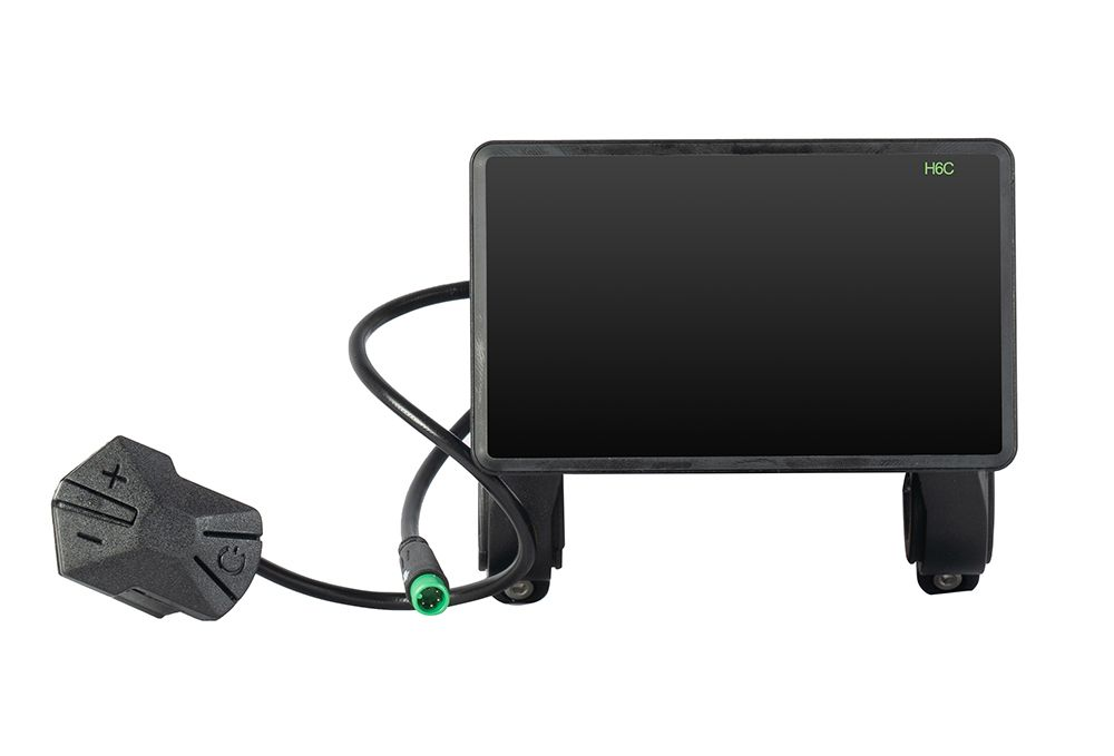 Black bike computer with control module attached by cable.