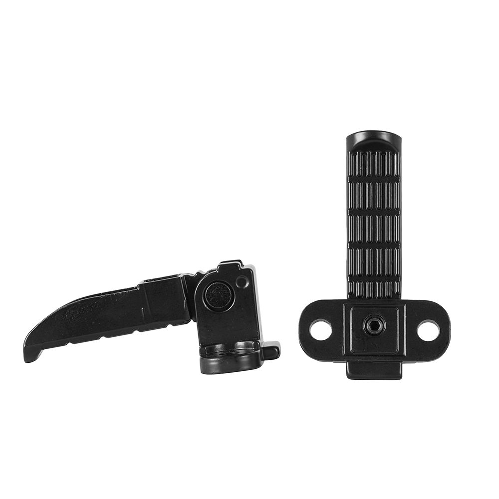 Black motorcycle foot peg and folding lever on a white background.