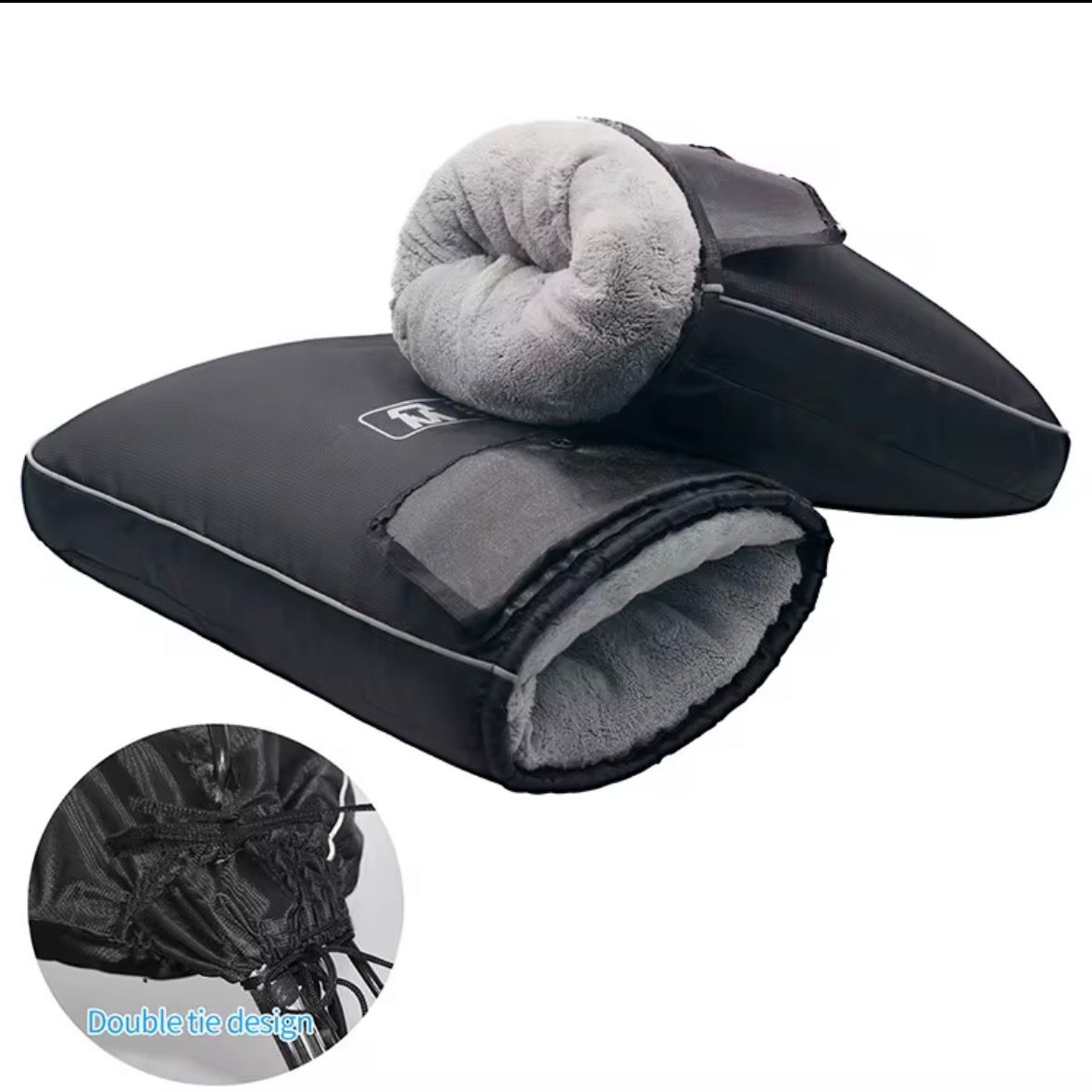 Black and gray stroller hand muffs with fleece lining. Drawstring detail shown in inset.
