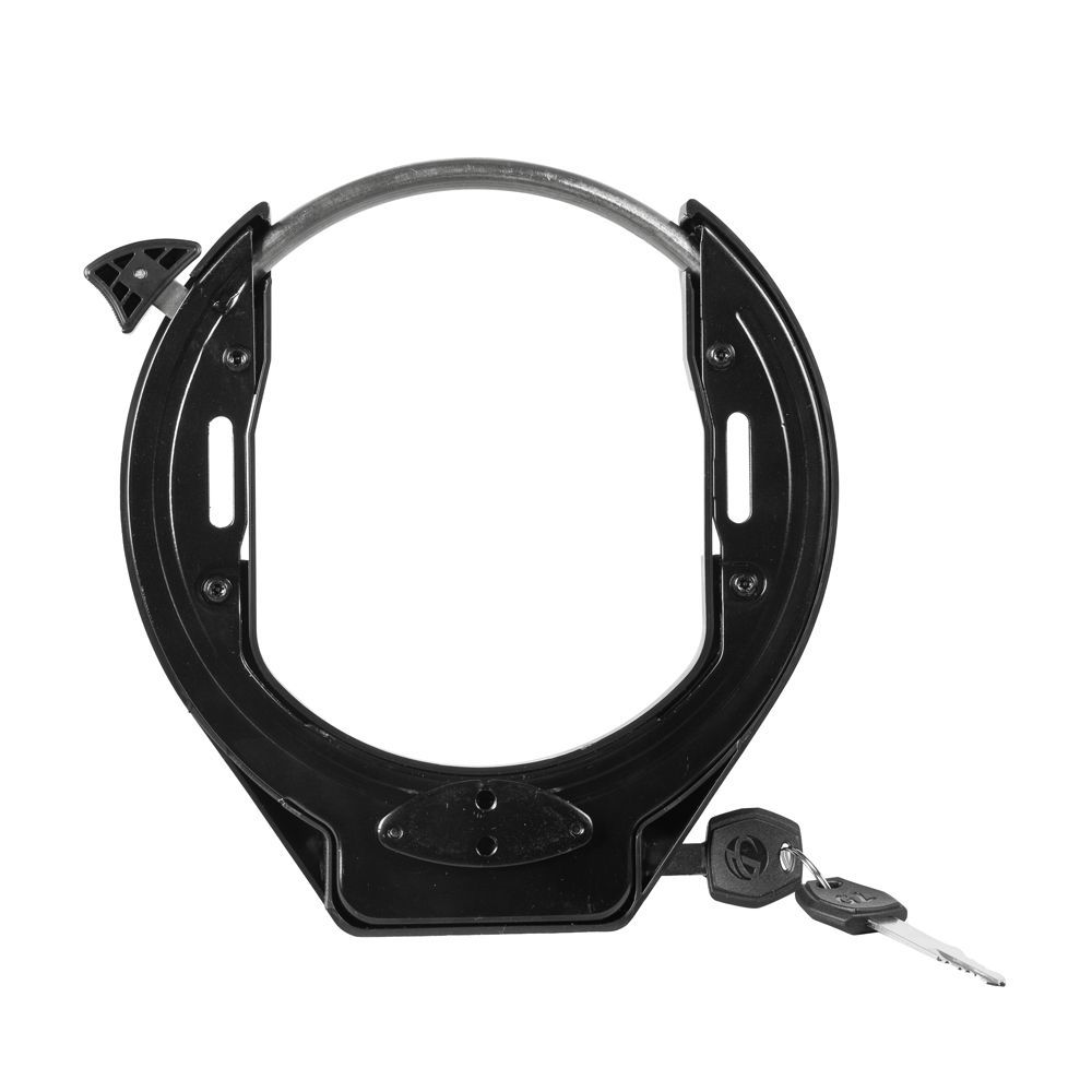 Black bicycle wheel lock with two keys.