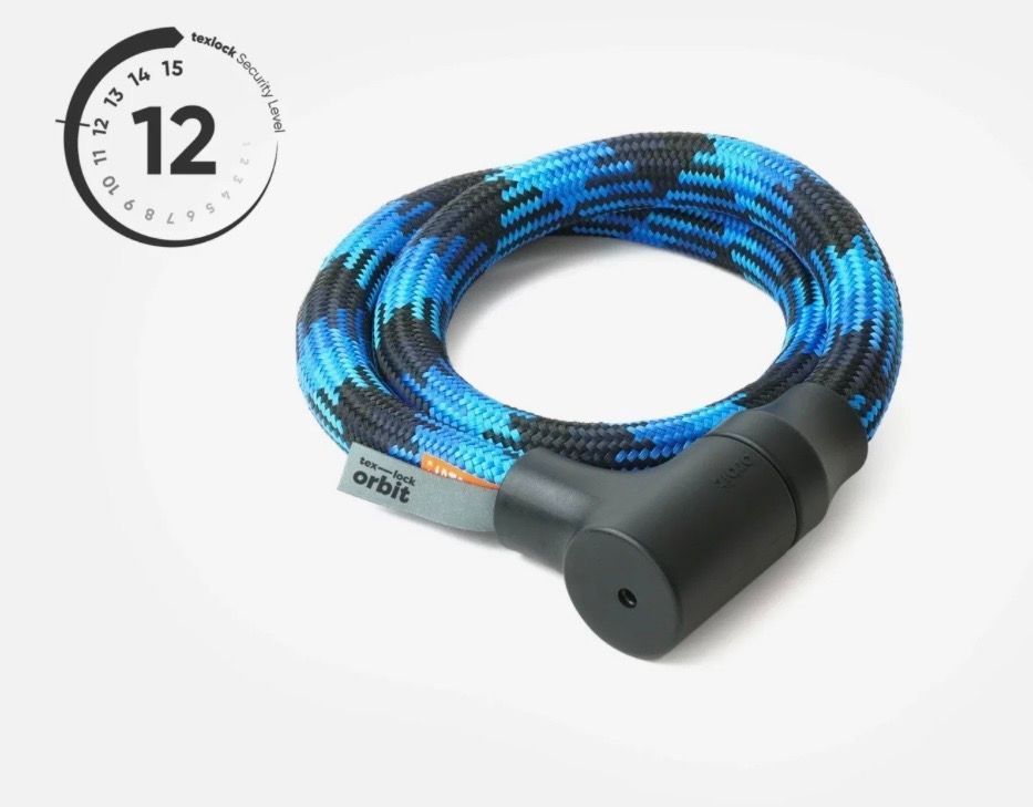 A blue and black braided bike lock in a loop. Black lock head has a keyhole. A clock icon displays 