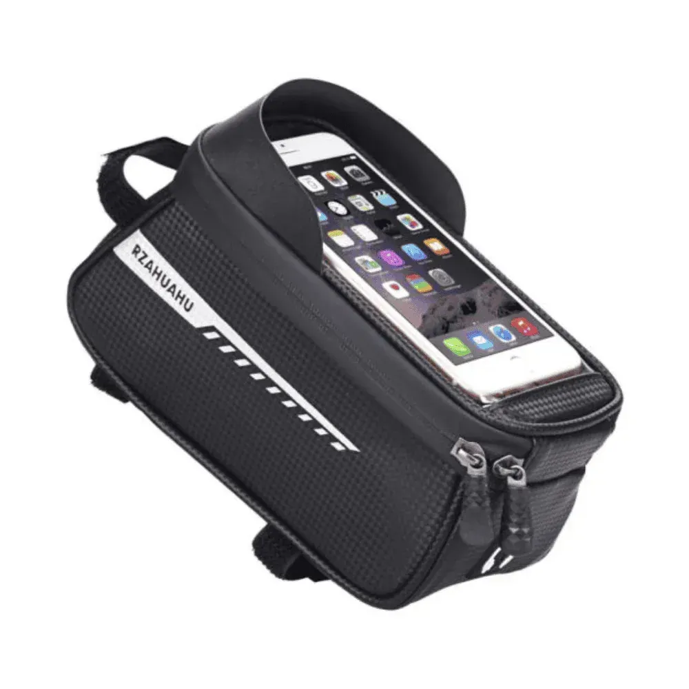 Black bicycle phone bag with a smartphone inside, with a white reflective stripe.
