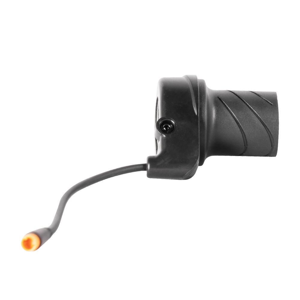 Black electric scooter throttle with textured grip and orange connector.