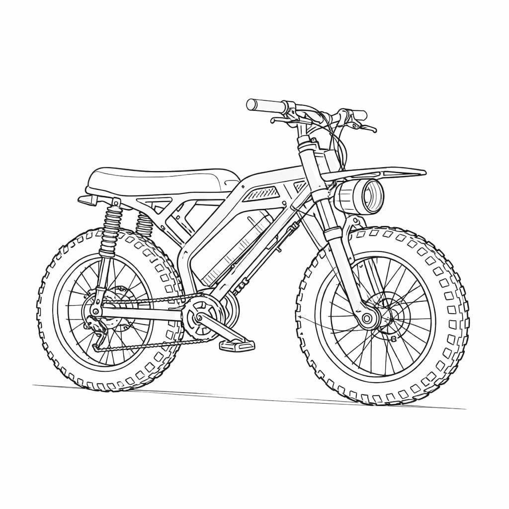 Line drawing of an electric motorcycle with a headlight, thick tires, and a battery.