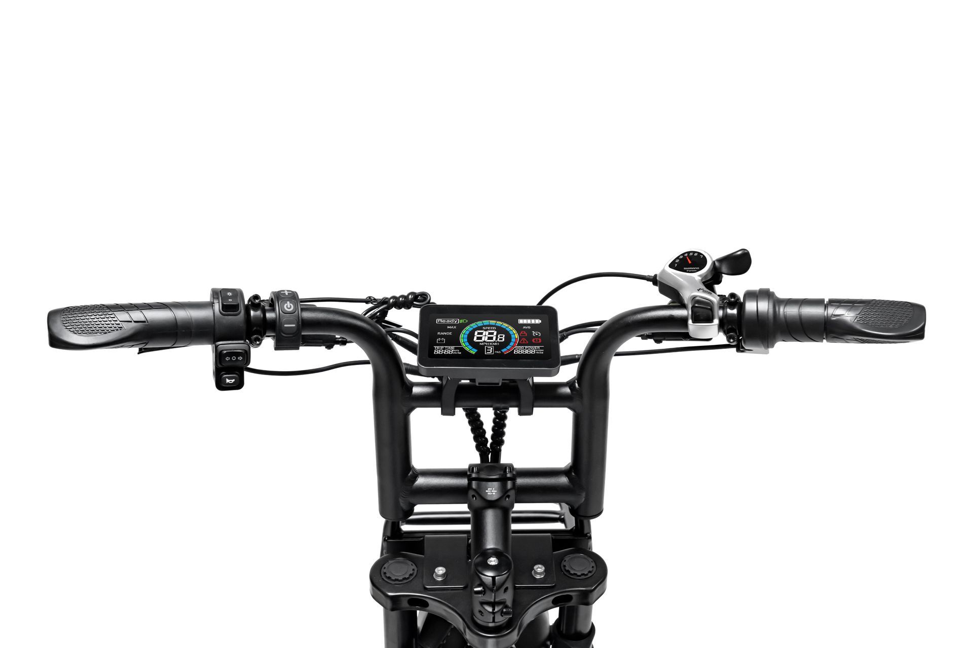Black electric bike handlebars with display screen.