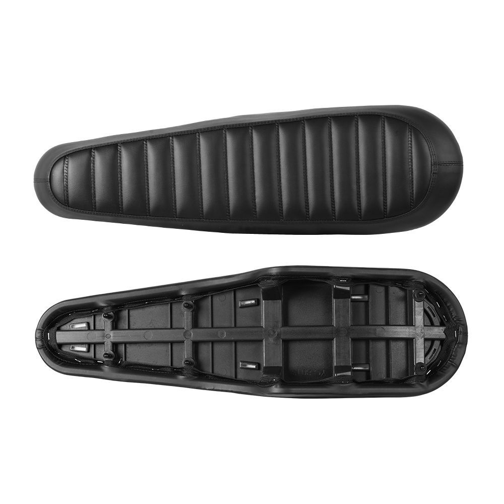 Black motorcycle seat, top and bottom views, showing quilted surface and plastic undercarriage.