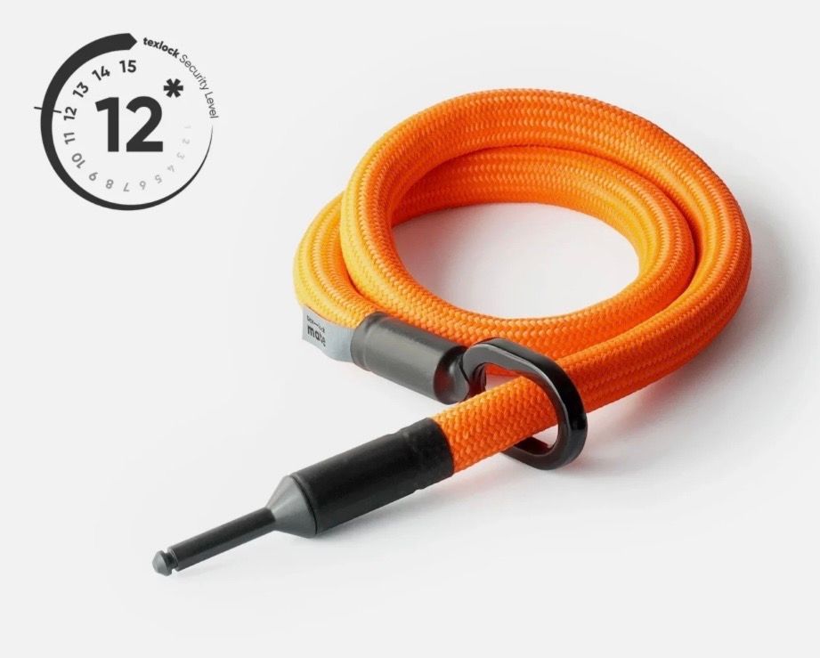 Orange dog leash with a black handle and loop; a clock icon is in the upper left corner.