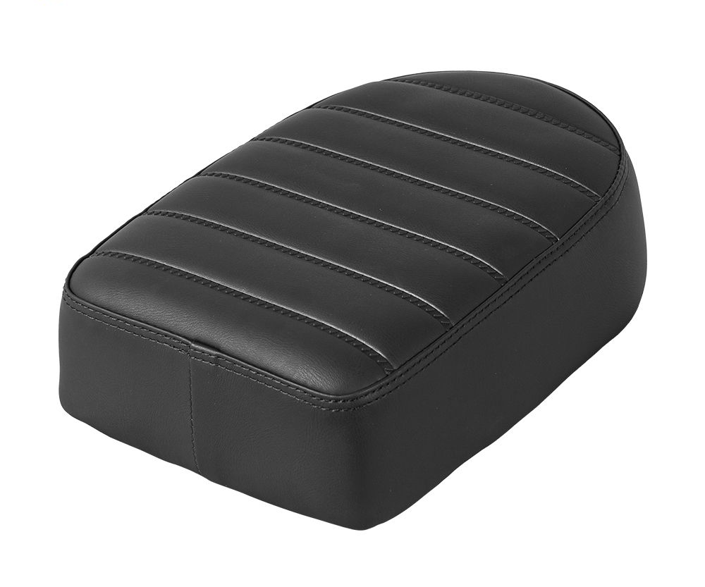 Black motorcycle seat with stitched horizontal lines.