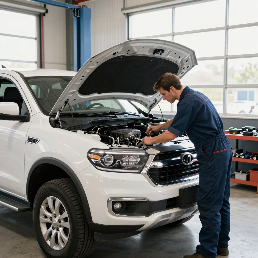 professional light duty diesel mechanic working on truck inside shop.