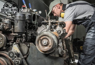 A man is working on a diesel engine in a garage at diesel repair denver.