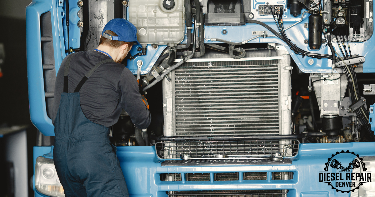 ASE certified diesel mechanic replacing radiator on a semi truck in Denver, Colorado.