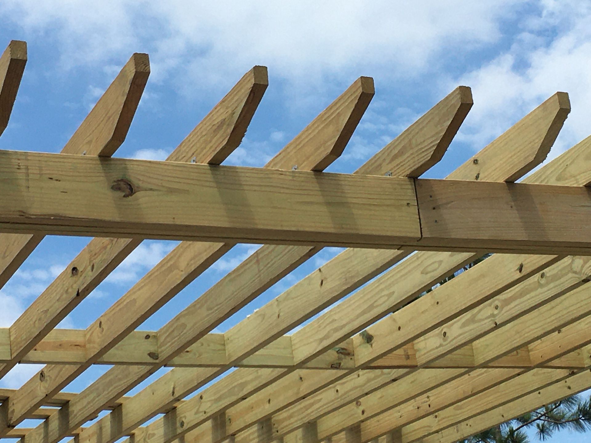 A wooden pergola with a blue sky in the background