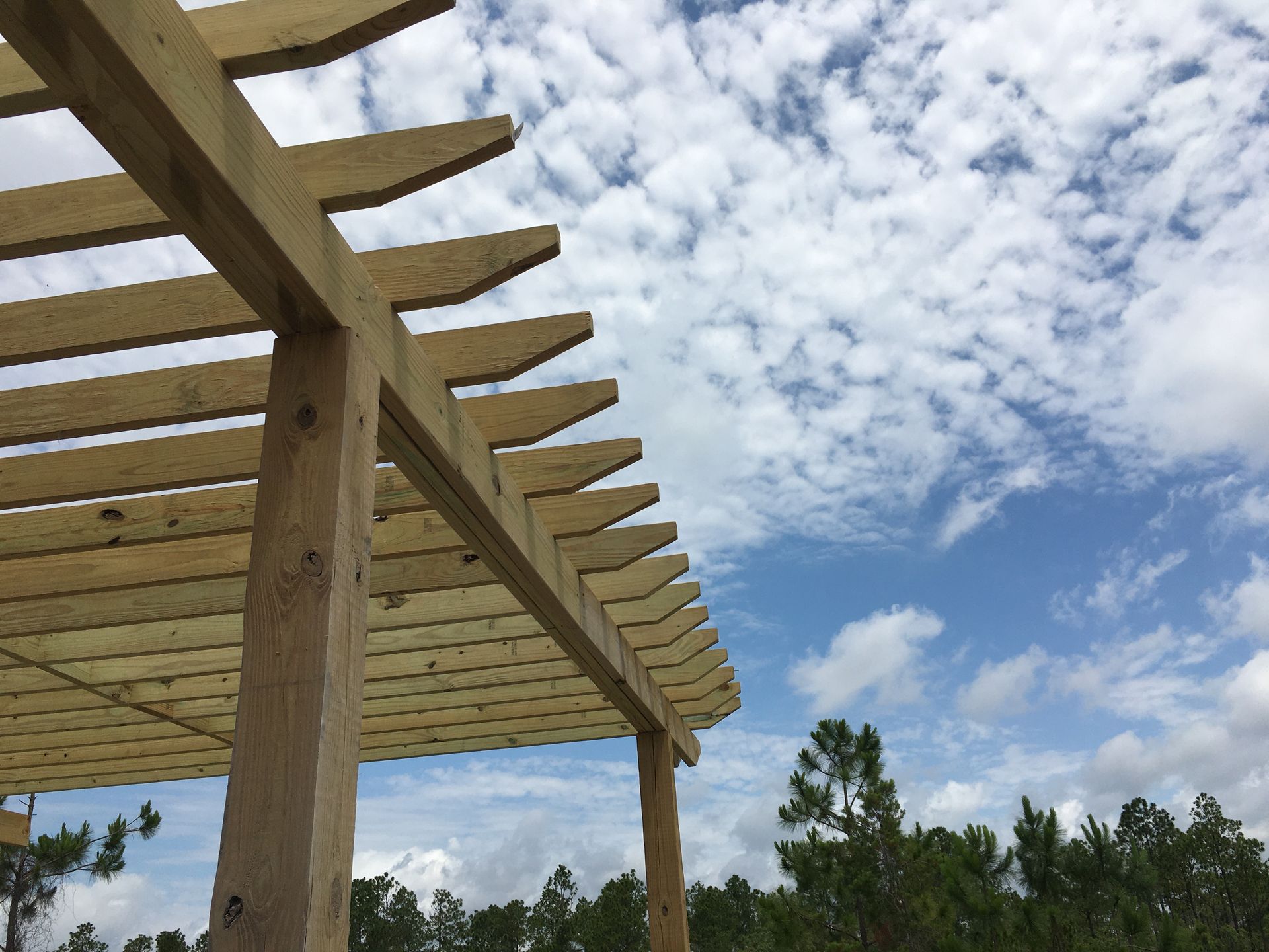 A wooden pergola with a blue sky in the background