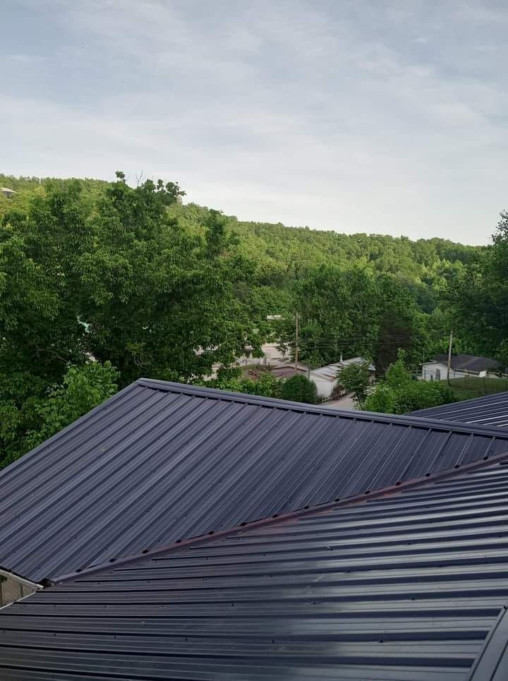 A black metal roof with trees in the background and a mountain in the background.
