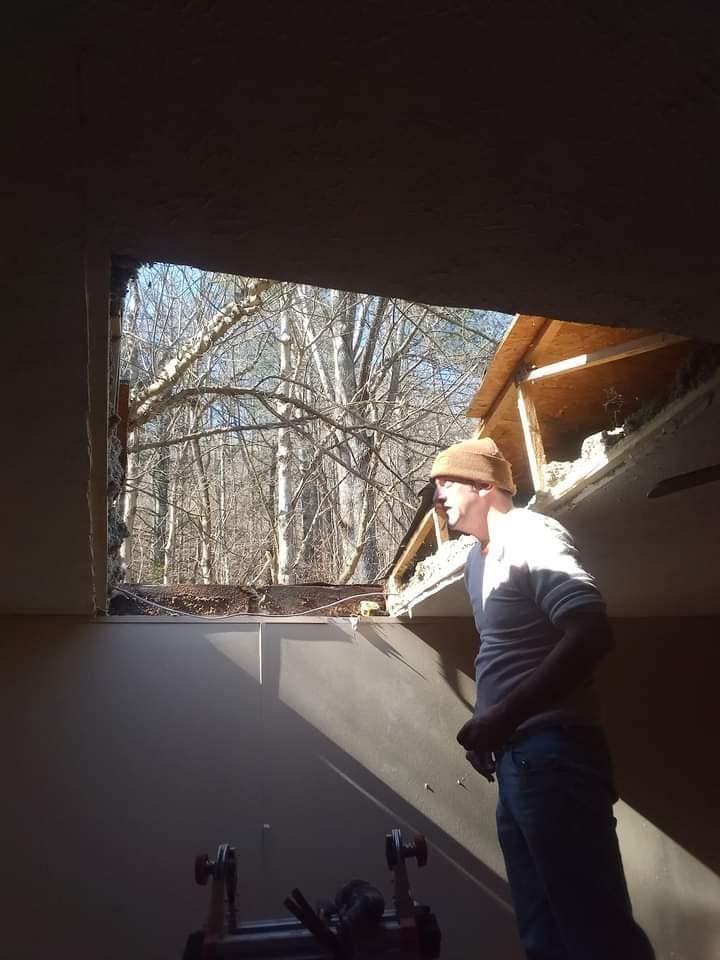 A man looking out of a window with trees in the background