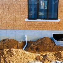 A pile of dirt is sitting in front of a house under construction.