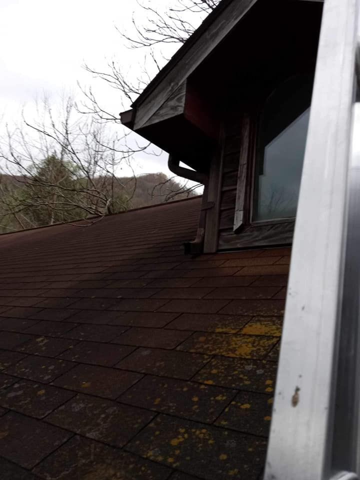 A ladder is sitting on the roof of a house