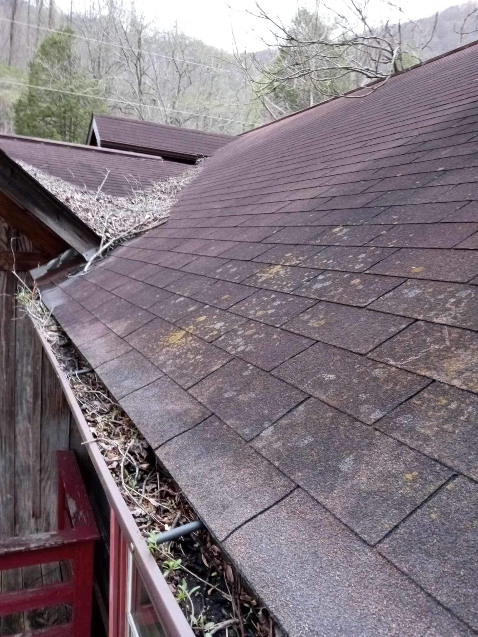 A close up of a roof with a gutter filled with leaves.