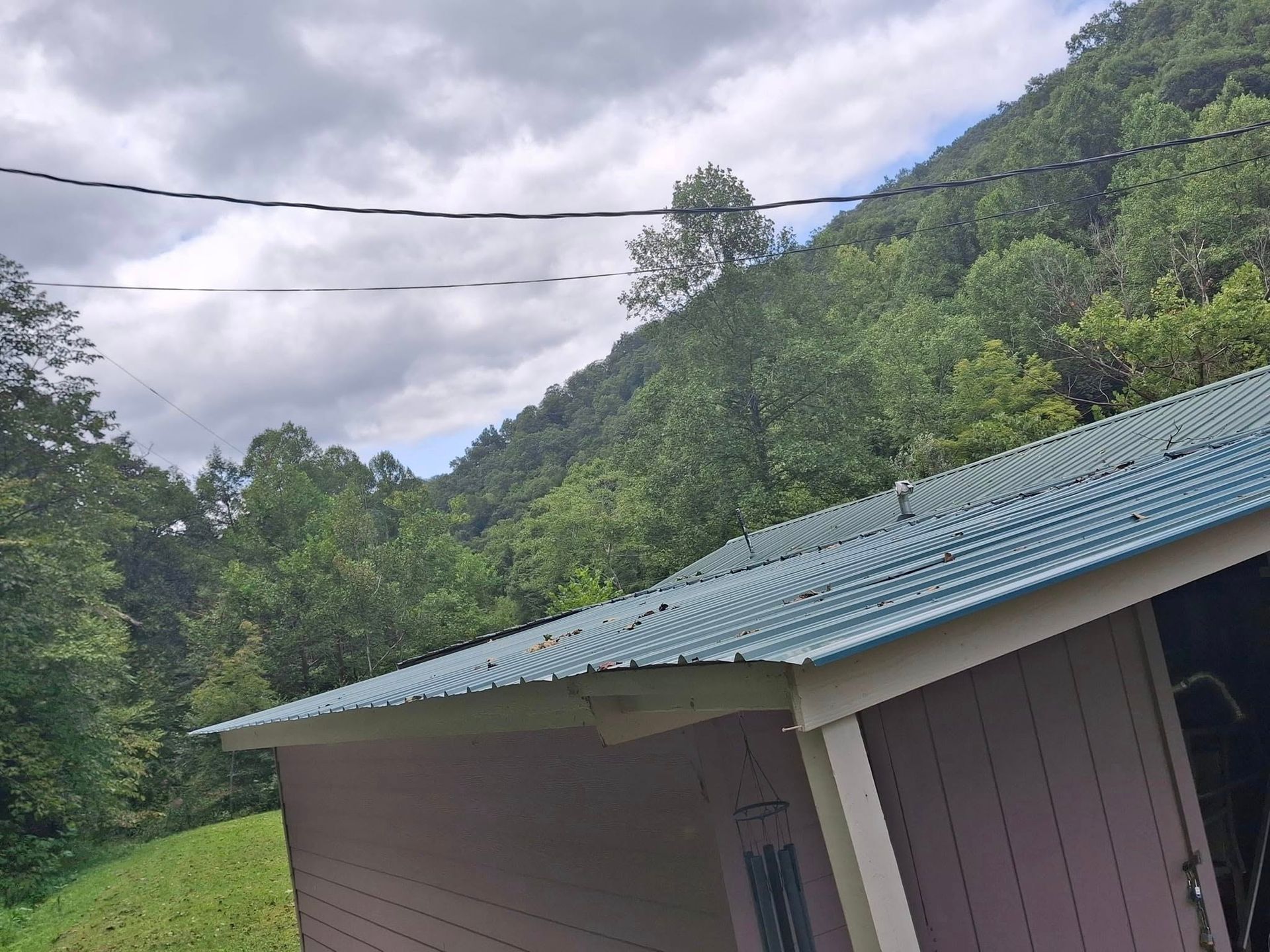A house with a blue roof is surrounded by trees on a hillside.