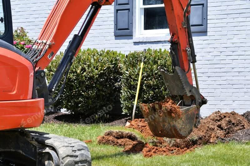 An excavator is digging a hole in the ground in front of a house.