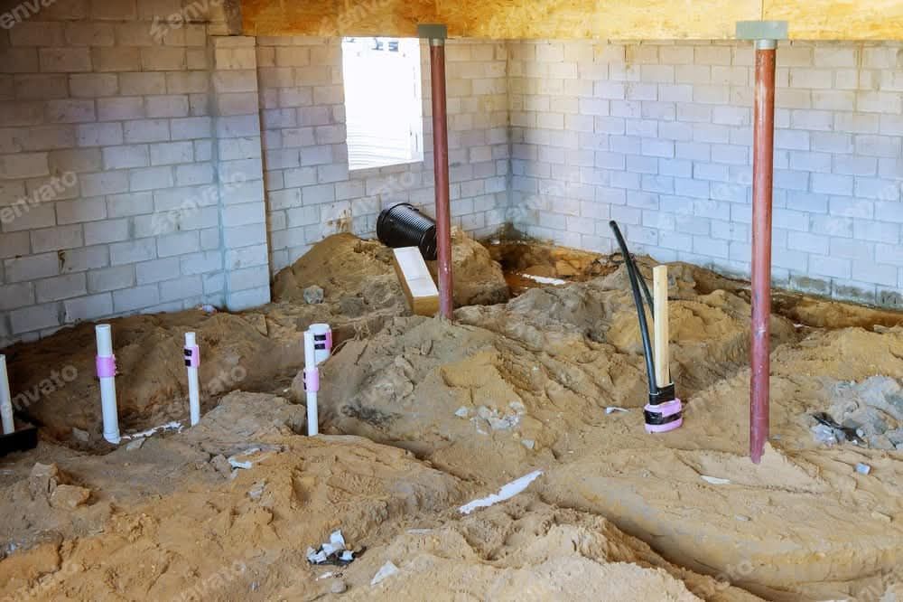 A basement under construction with a lot of dirt and pipes.