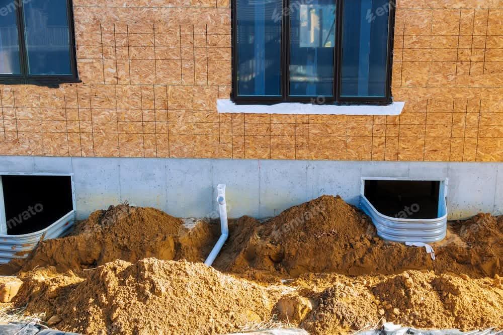 A pile of dirt is sitting in front of a building under construction.