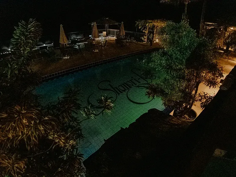 Vista noturna de uma piscina azul-escura brilhante com o logotipo do Shangri-La em azulejos no fundo, rodeada por folhagem.