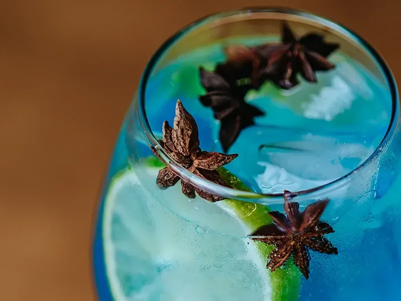 Um close-up de um coquetel azul decorado com uma rodela de limão e anis estrelado, servido em um copo com gelo.