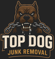 Brown pit bull clenching chain in teeth with the words "TOP DOG JUNK REMOVAL".