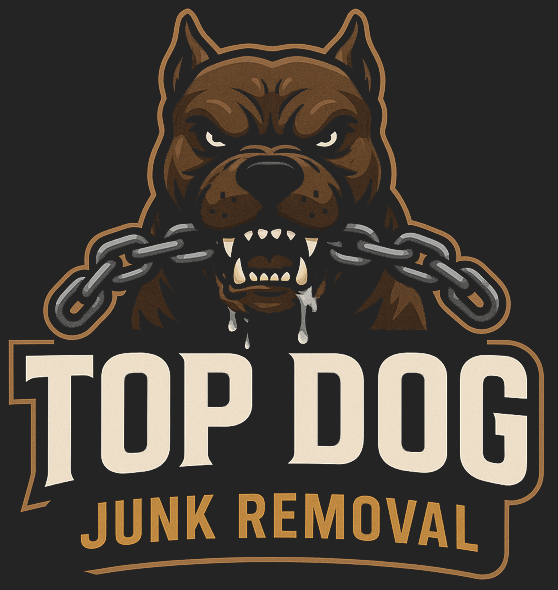Brown pit bull clenching chain in teeth with the words "TOP DOG JUNK REMOVAL".