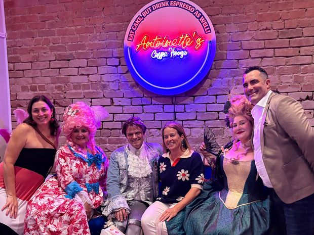 Invitation for Antoinette's Coffee Shop grand opening block party on October 25, 2035 at 834 Chartres Street, New Orleans.