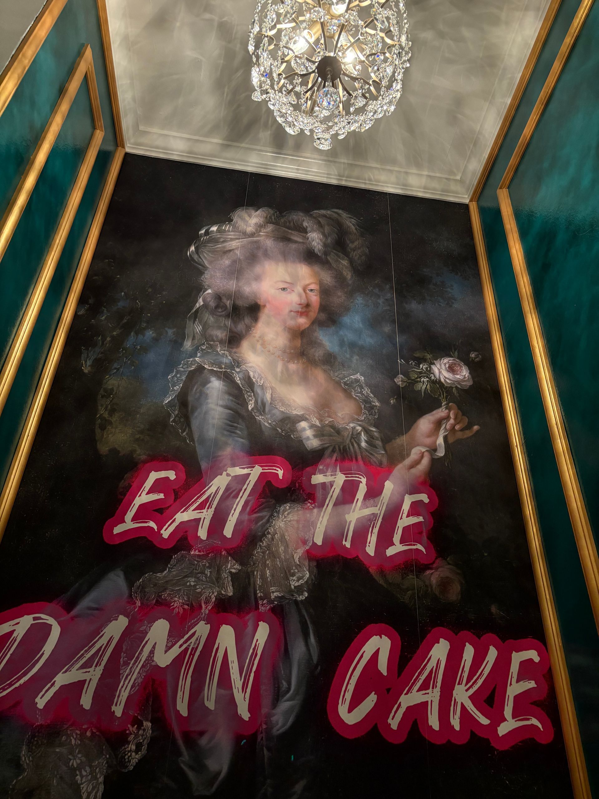 Painting of a woman in a gown with text 