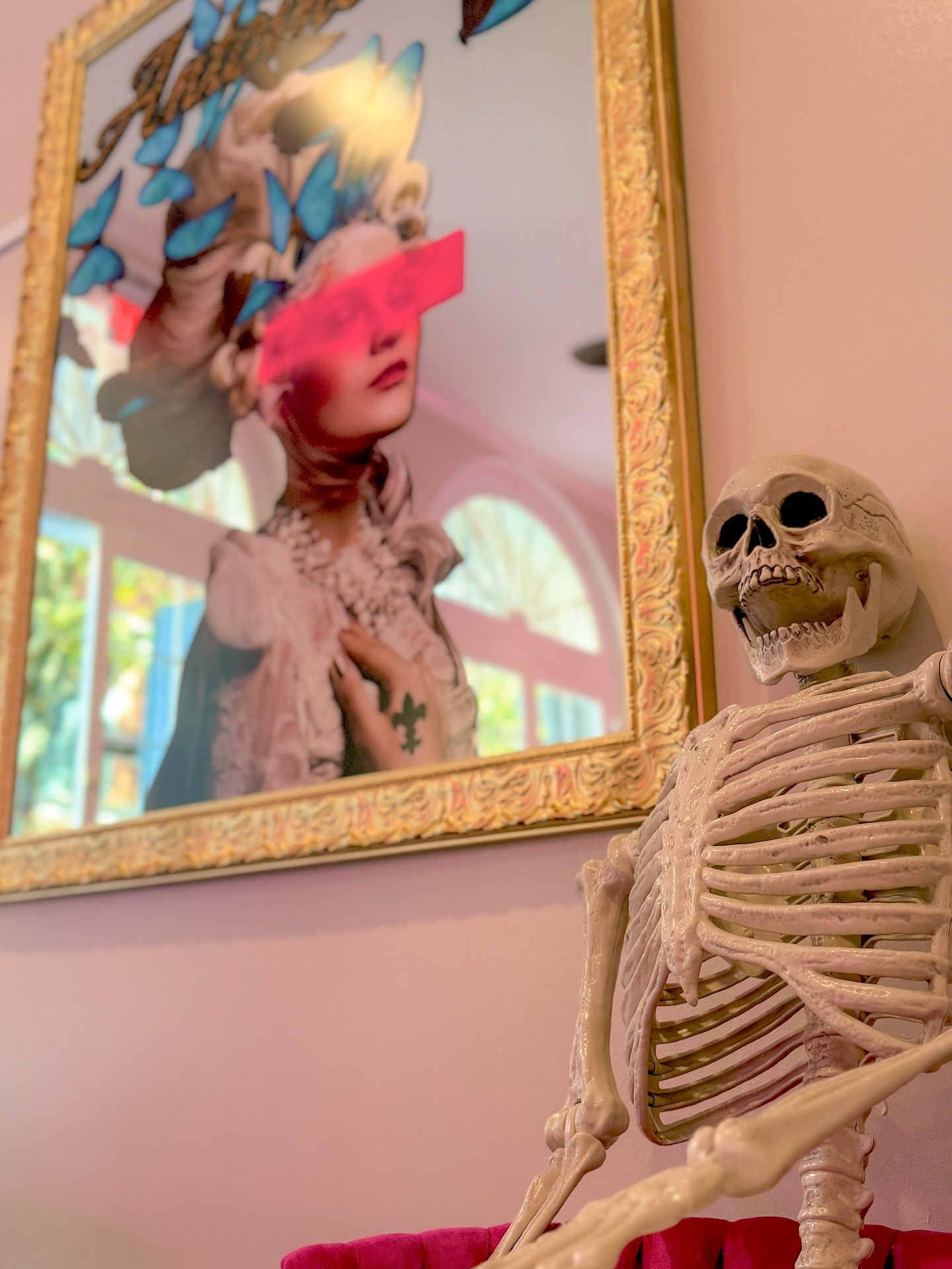 Skeleton beside a mirror; the mirror's image obscured by pink, and a woman with butterflies on her head.