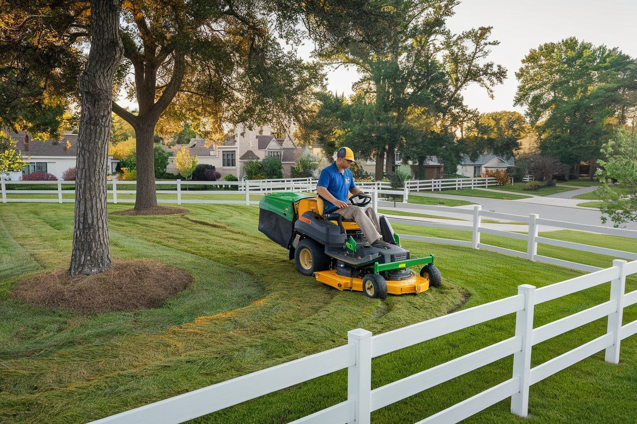 A man is riding a lawn mower on a lush green lawn next to a white fence.