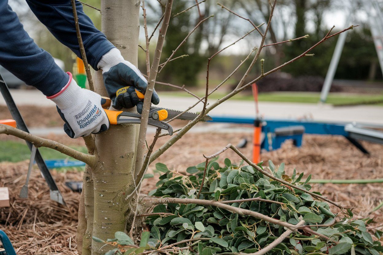 A person is cutting a tree branch with a pair of scissors.