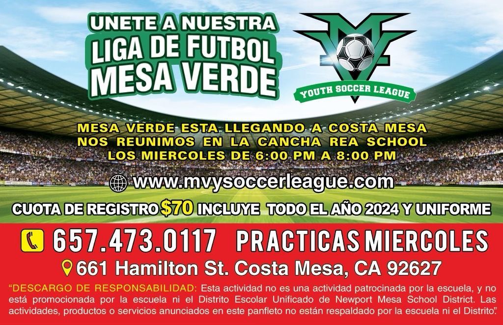Youth Soccer League Announcement — Santa Ana, CA — Mesa Verde Youth Soccer League