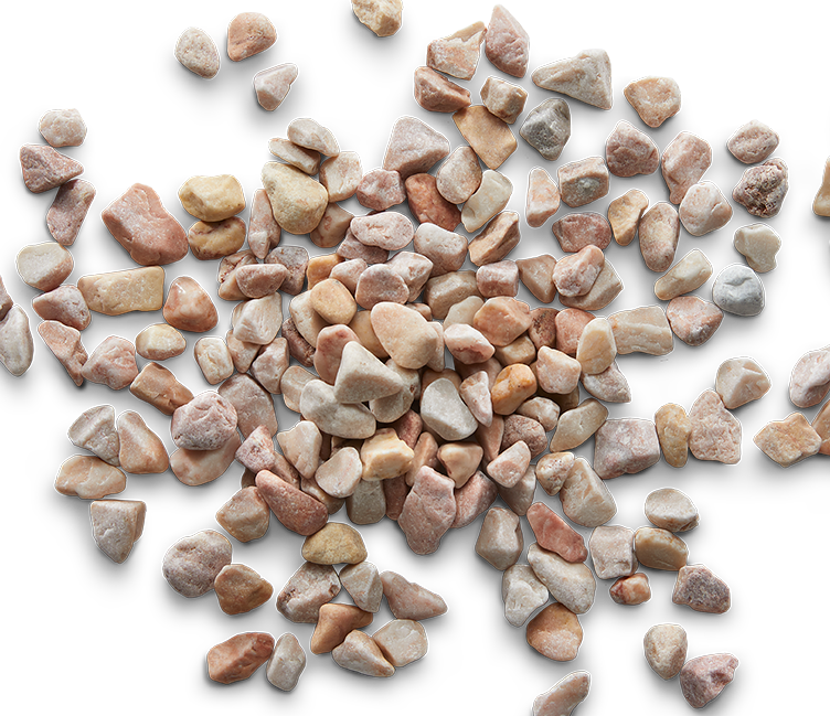 Pile of small, tan and brown pebbles scattered on a white background.