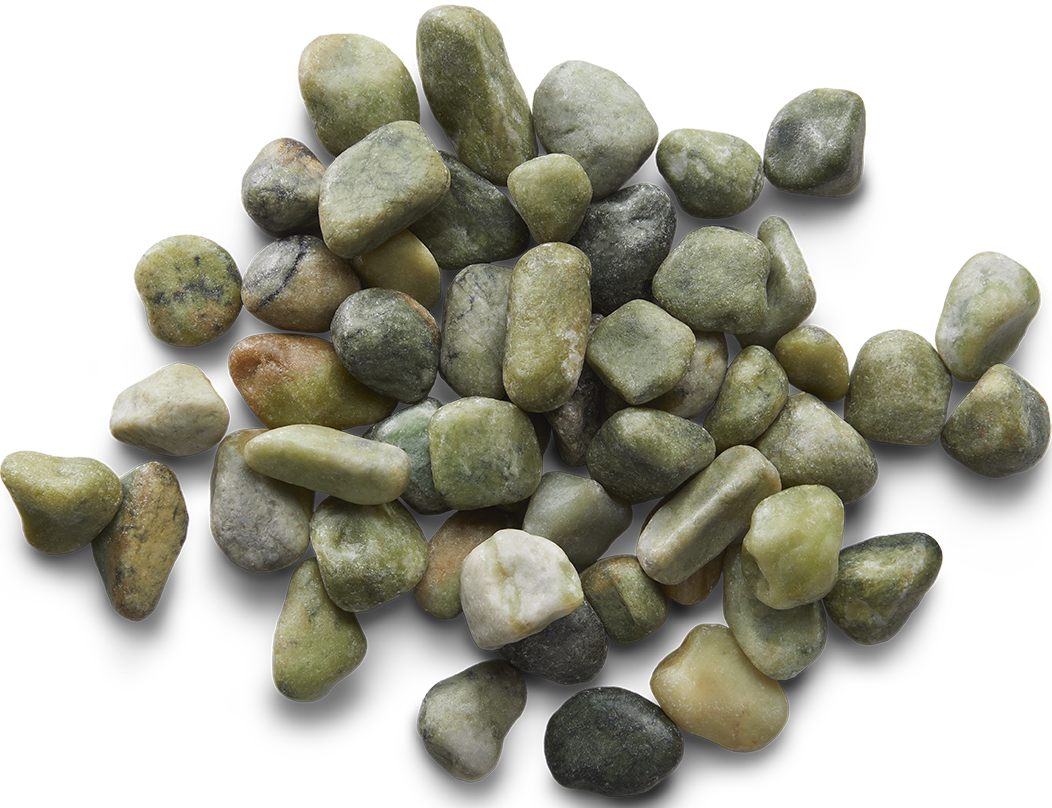 Pile of smooth, rounded green and gray river rocks against a white background.