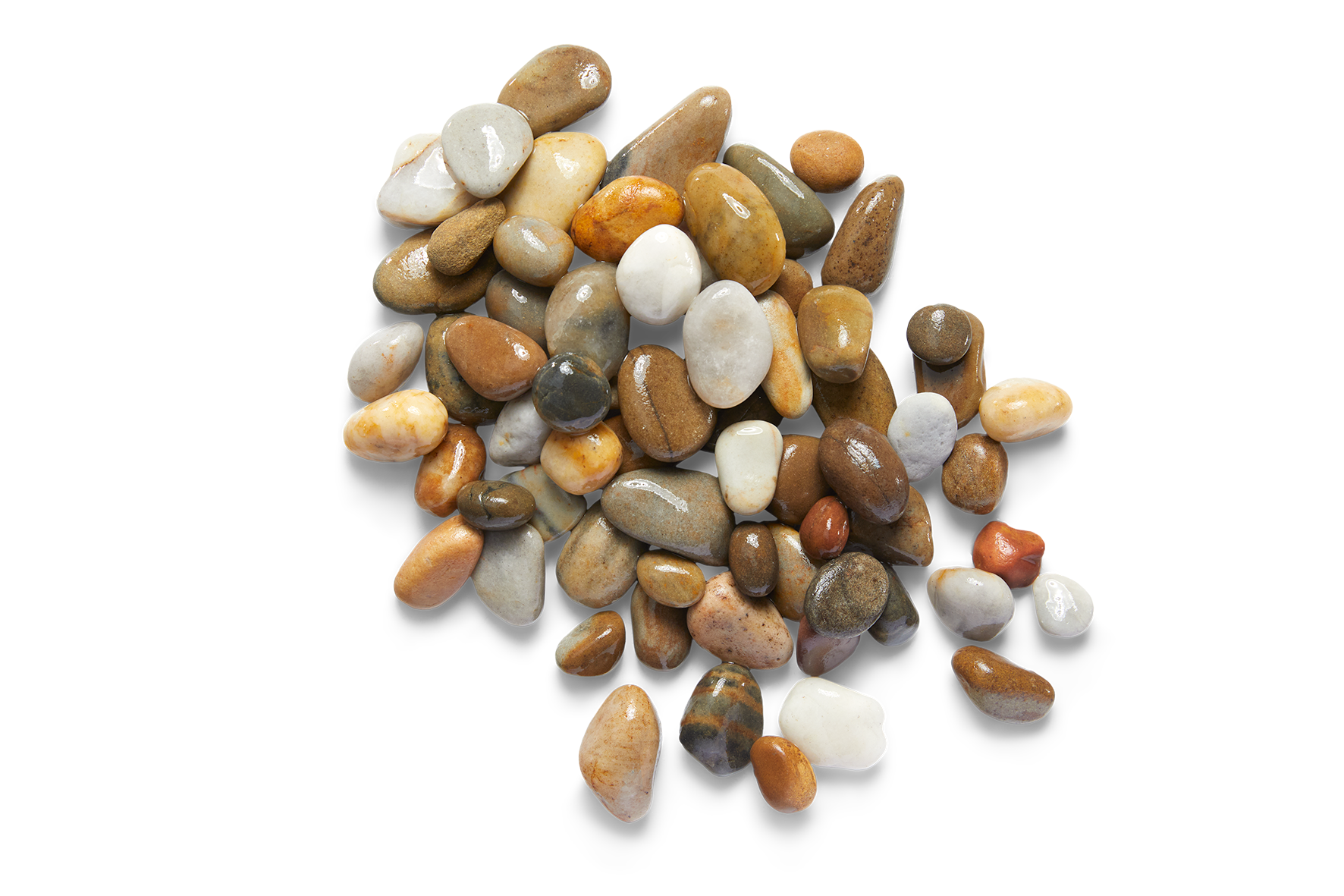 Pile of assorted smooth, polished stones in shades of brown, beige, and white against a white background.